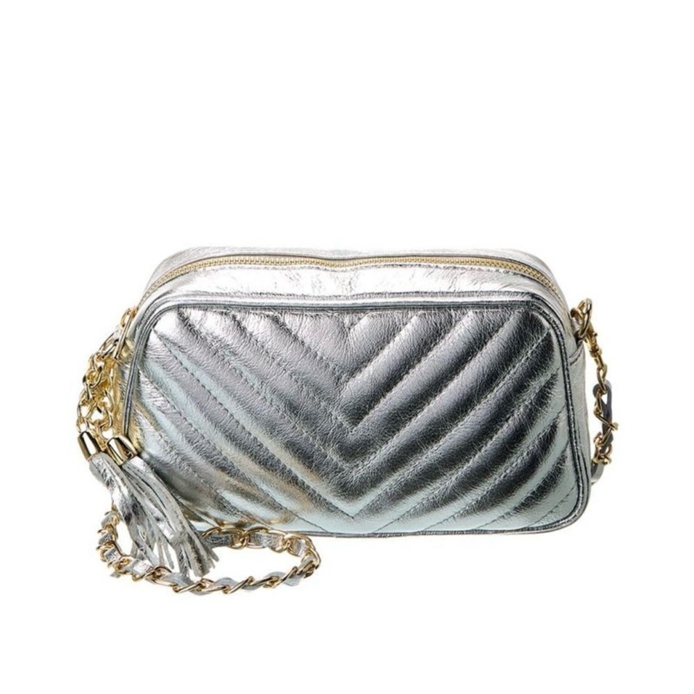 Persaman NY Silver Quilted Purse Leather Crossbody Chain Made in Italy